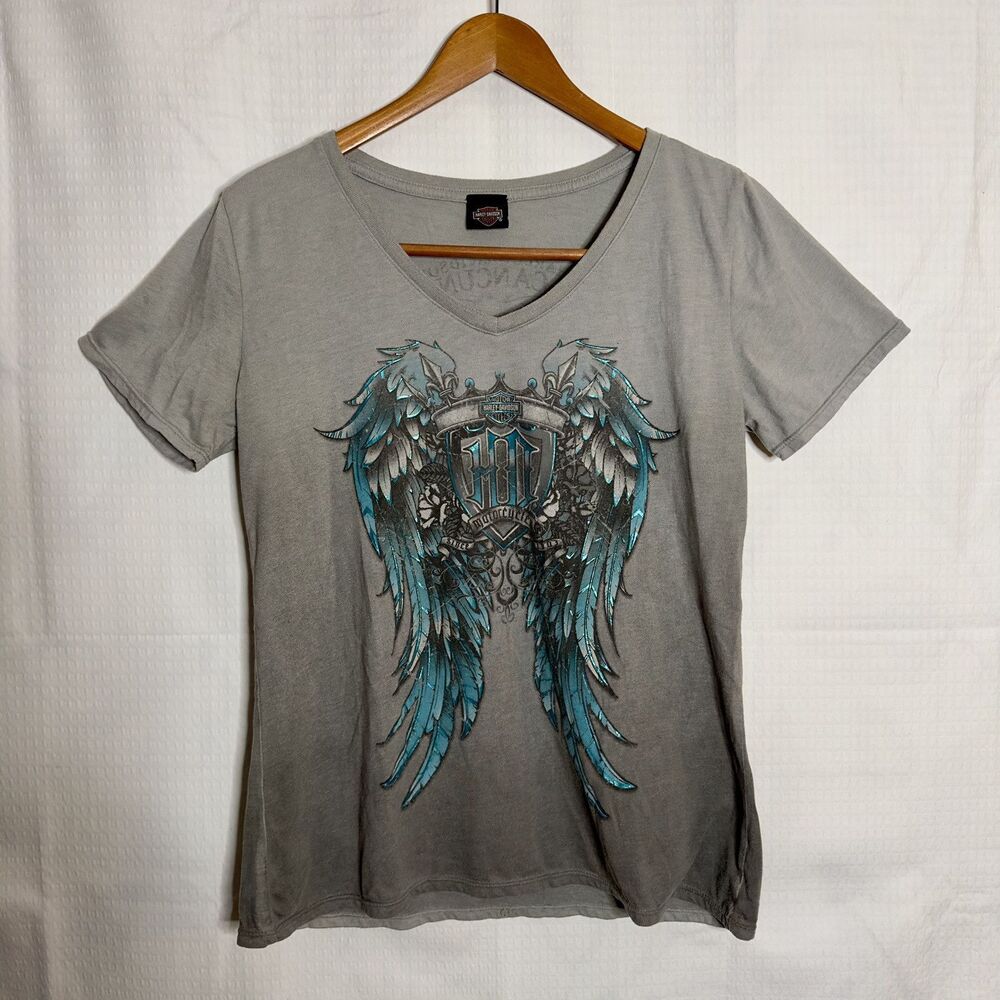Harley Davidson Shirt Womens Large Gray Slim Fit V-Neck Champion Cancun Mexico